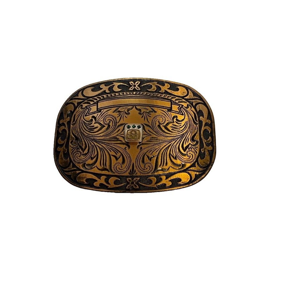 Vintage Western Cowboy Belt Buckle 4" Ornate Engraved Floral Green Rhinestone